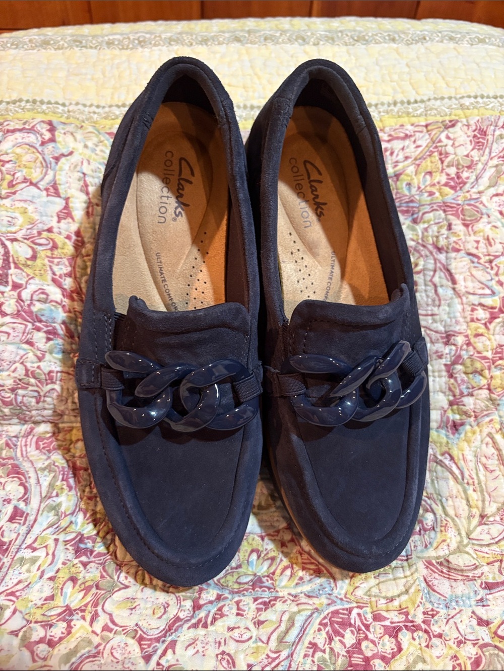 Clarks Navy Suede Women's Loafers with Chain Accent